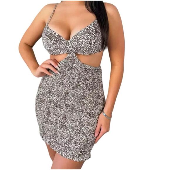 Blush BJ Women Floral V-Neck Spaghetti Strap Dress Summer  Cut-Out Brown & Cream - Picture 1 of 12